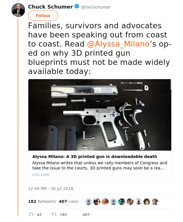 RT @SenSchumer: Families, survivors and advocates have been speaking out from coast to coast. Read @Alyssa_Milano’s op-ed on why 3D printed…