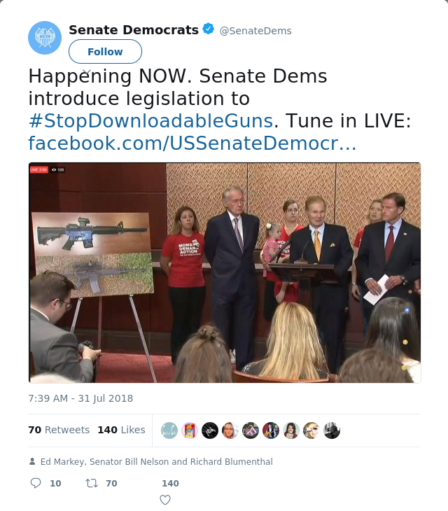 RT @SenateDems: Happening NOW. Senate Dems introduce legislation to #StopDownloadableGuns. Tune in LIVE: