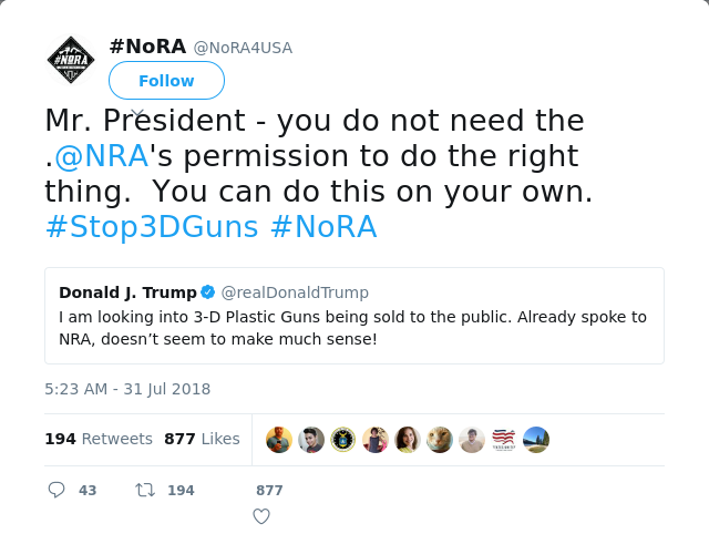 RT @NoRA4USA: Mr. President - you do not need the .@NRA's permission to do the right thing.  You can do this on your own.  #Stop3DGuns #NoR…