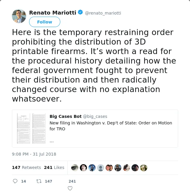 RT @renato_mariotti: Here is the temporary restraining order prohibiting the distribution of 3D printable firearms. It’s worth a read for t…