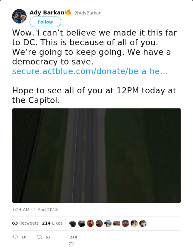 RT @AdyBarkan: Wow. I can’t believe we made it this far to DC. This is because of all of you. We’re going to keep going. We have a democrac…