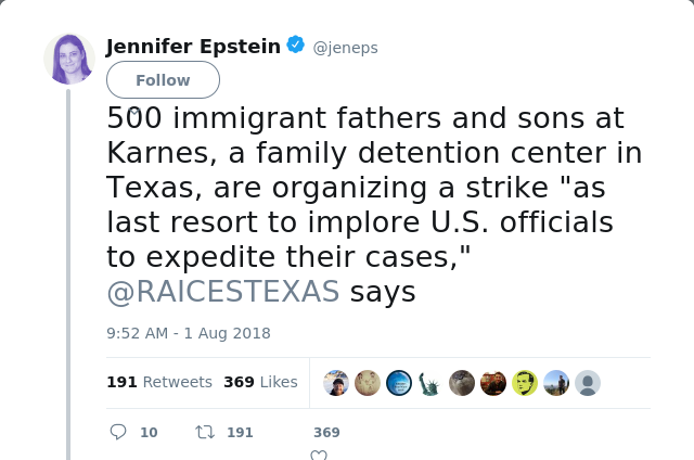 RT @jeneps: 500 immigrant fathers and sons at Karnes, a family detention center in Texas, are organizing a strike "as last resort to implor…