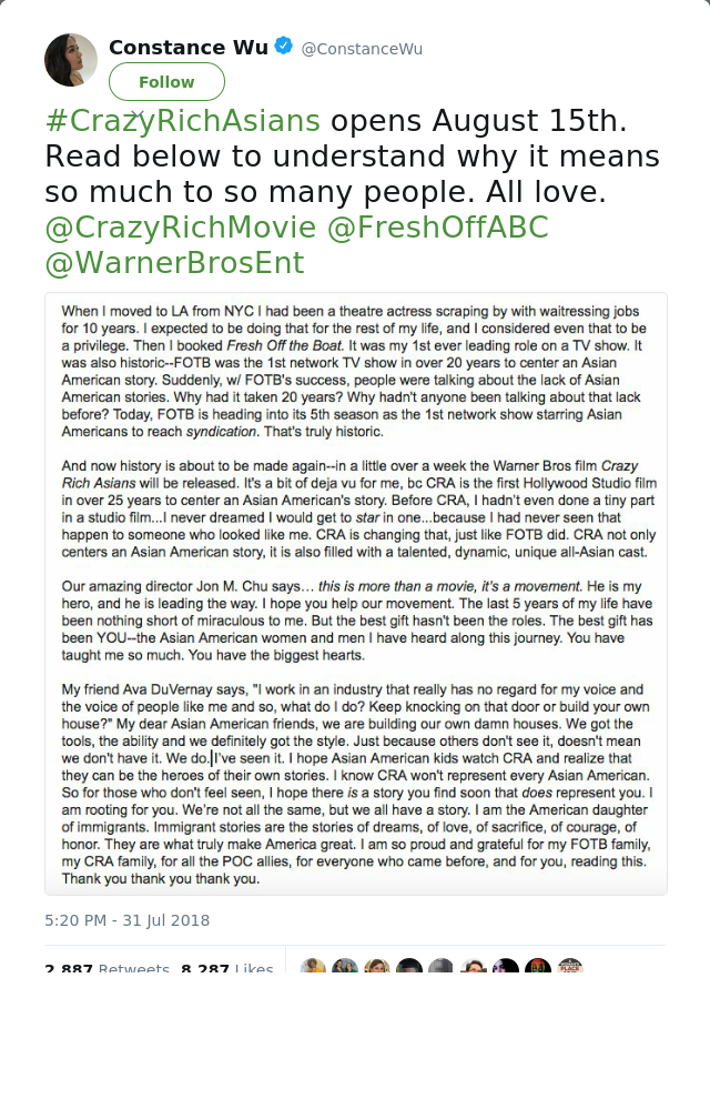 RT @ConstanceWu: #CrazyRichAsians opens August 15th. Read below to understand why it means so much to so many people. All love. @CrazyRichM…