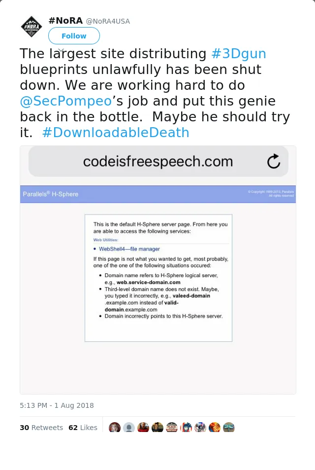 RT @NoRA4USA: The largest site distributing #3Dgun blueprints unlawfully has been shut down. We are working hard to do @SecPompeo’s job and…