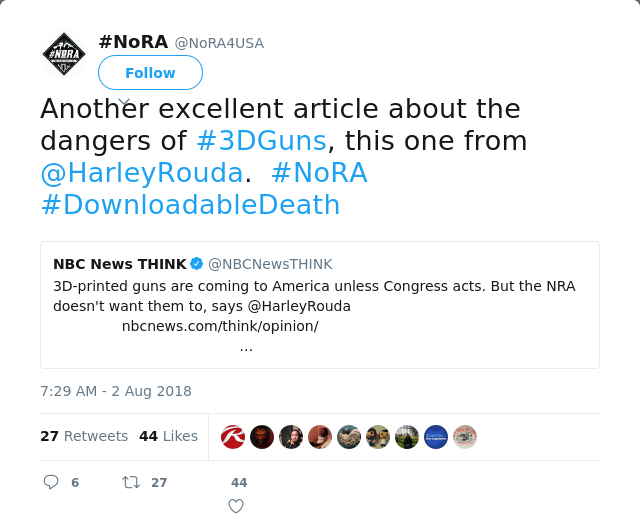 RT @NoRA4USA: Another excellent article about the dangers of #3DGuns, this one from @HarleyRouda.  #NoRA #DownloadableDeath