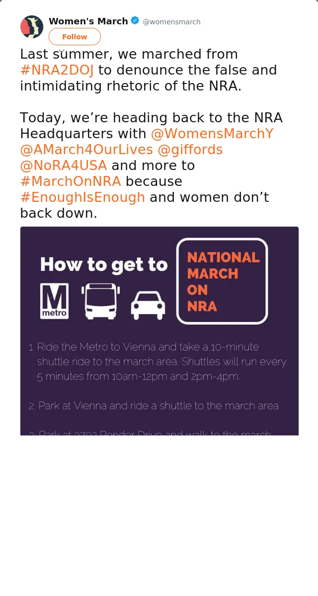 RT @womensmarch: Last summer, we marched from #NRA2DOJ to denounce the false and intimidating rhetoric of the NRA. 

Today, we’re heading b…