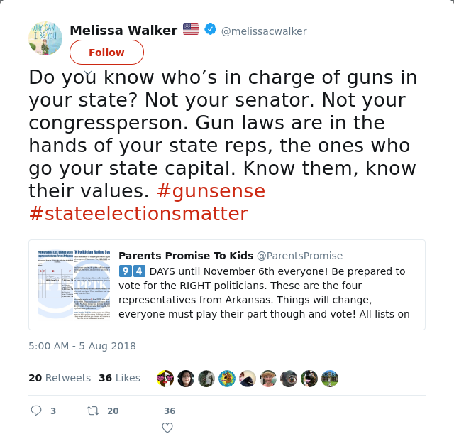 RT @melissacwalker: Do you know who’s in charge of guns in your state? Not your senator. Not your congressperson. Gun laws are in the hands…