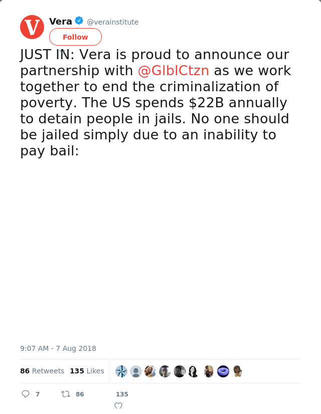 RT @verainstitute: JUST IN: Vera is proud to announce our partnership with @GlblCtzn as we work together to end the criminalization of pove…