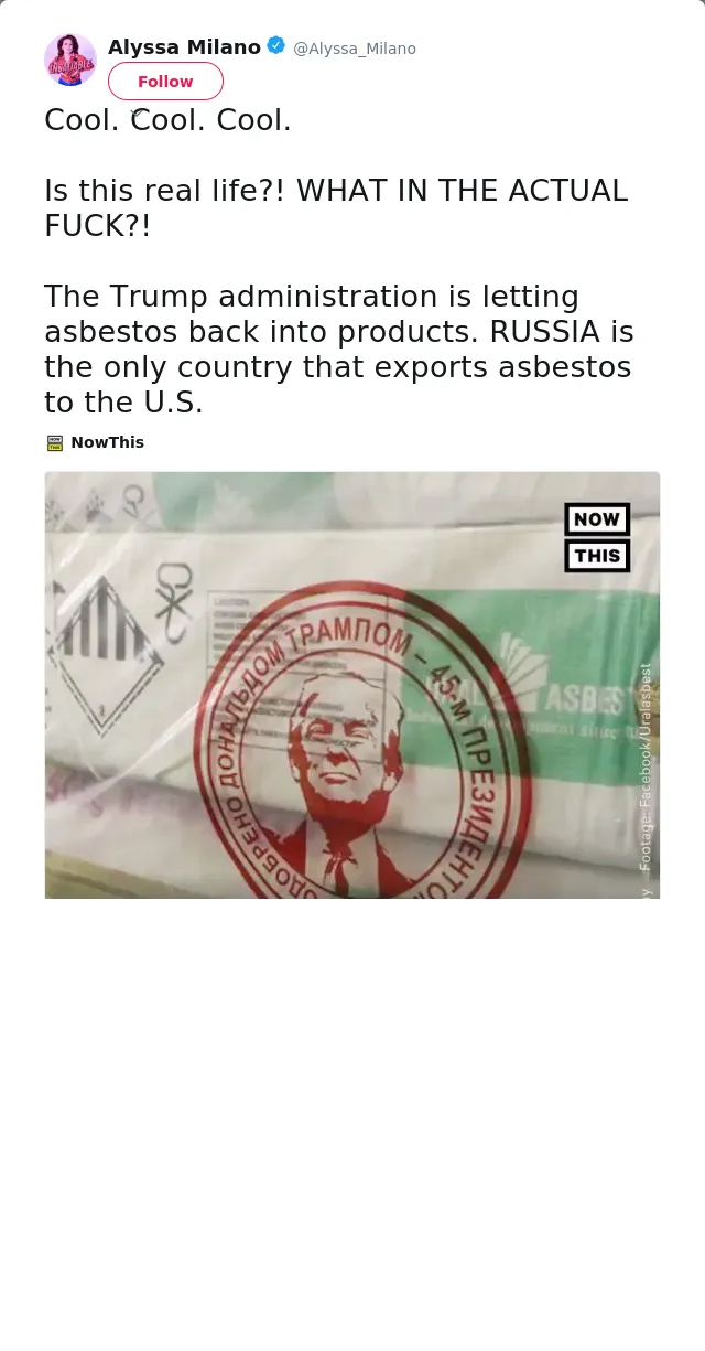Cool. Cool. Cool. 

Is this real life?! WHAT IN THE ACTUAL FUCK?!

The Trump administration is letting asbestos bac…