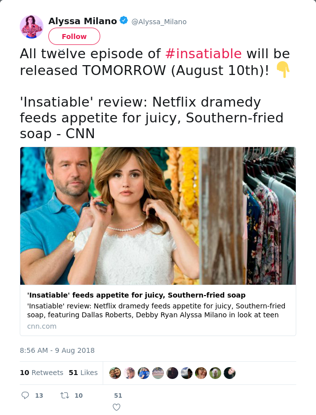 All twelve episode of #insatiable will be released TOMORROW (August 10th)! 👇

'Insatiable' review: Netflix dramedy…