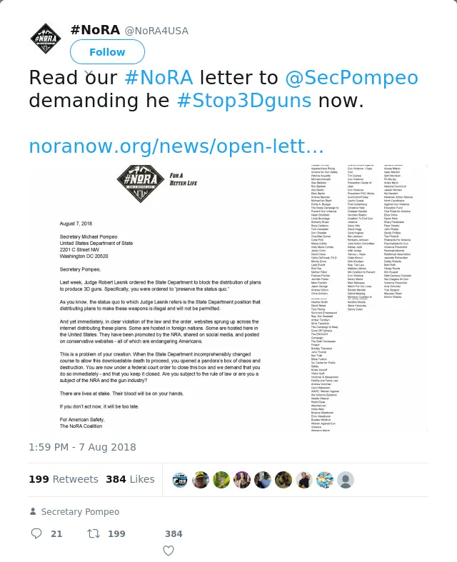 RT @NoRA4USA: Read our #NoRA letter to @SecPompeo demanding he #Stop3Dguns now.