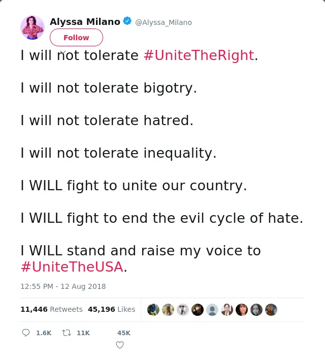 I will not tolerate #UniteTheRight.

I will not tolerate bigotry.

I will not tolerate hatred.

I will not tolerate…