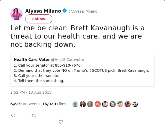 Let me be clear: Brett Kavanaugh is a threat to our health care, and we are not backing down.