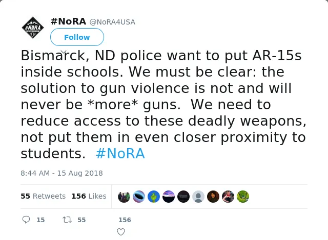 RT @NoRA4USA: Bismarck, ND police want to put AR-15s inside schools. We must be clear: the solution to gun violence is not and will never b…