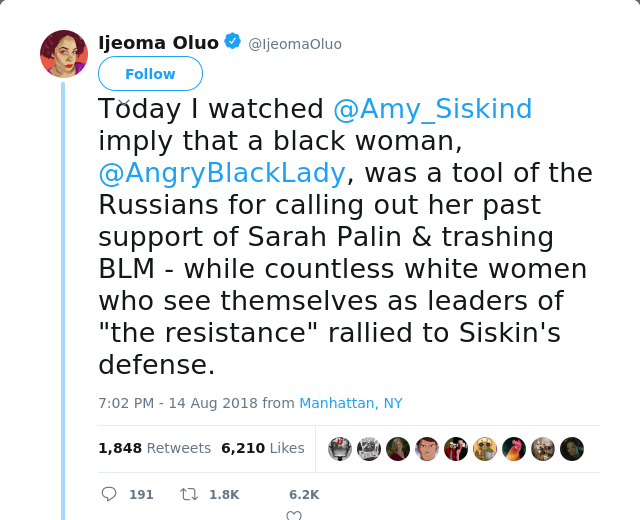RT @IjeomaOluo: Today I watched @Amy_Siskind imply that a black woman, @AngryBlackLady, was a tool of the Russians for calling out her past…