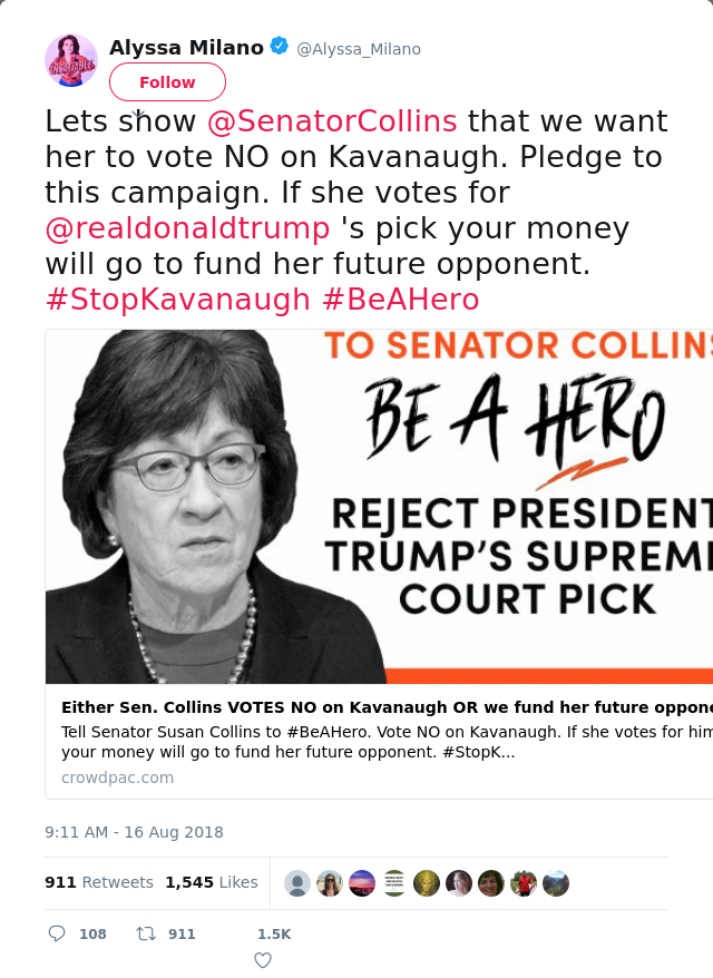 Lets show @SenatorCollins that we want her to vote NO on Kavanaugh. Pledge to this campaign. If she votes for…