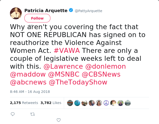 RT @PattyArquette: Why aren't you covering the fact that NOT ONE REPUBLICAN has signed on to reauthorize the Violence Against Women Act. #V…