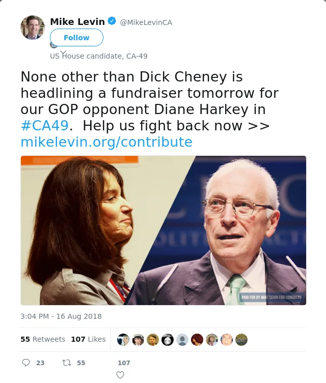 RT @MikeLevinCA: None other than Dick Cheney is headlining a fundraiser tomorrow for our GOP opponent Diane Harkey in #CA49.  Help us fight…