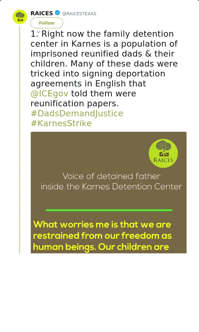 RT @RAICESTEXAS: 1. Right now the family detention center in Karnes is a population of imprisoned reunified dads &amp; their children. Many of…