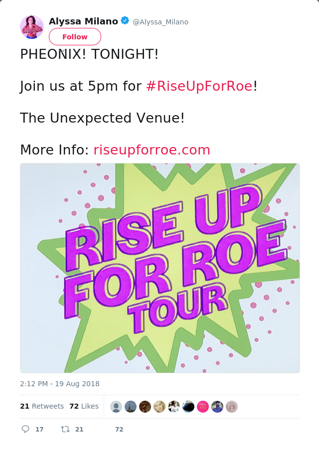 PHEONIX! TONIGHT!

Join us at 5pm for #RiseUpForRoe!

The Unexpected Venue!

More Info: