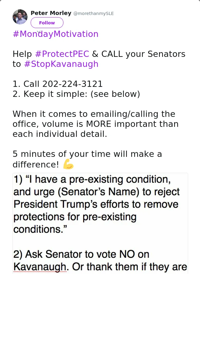 RT @morethanmySLE: #MondayMotivation 

Help #ProtectPEC &amp; CALL your Senators to #StopKavanaugh

1. Call 202-224-3121
2. Keep it simple: (se…
