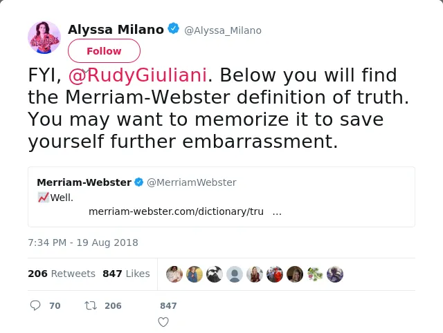 FYI, @RudyGiuliani. Below you will find the Merriam-Webster definition of truth. You may want to memorize it to sav…