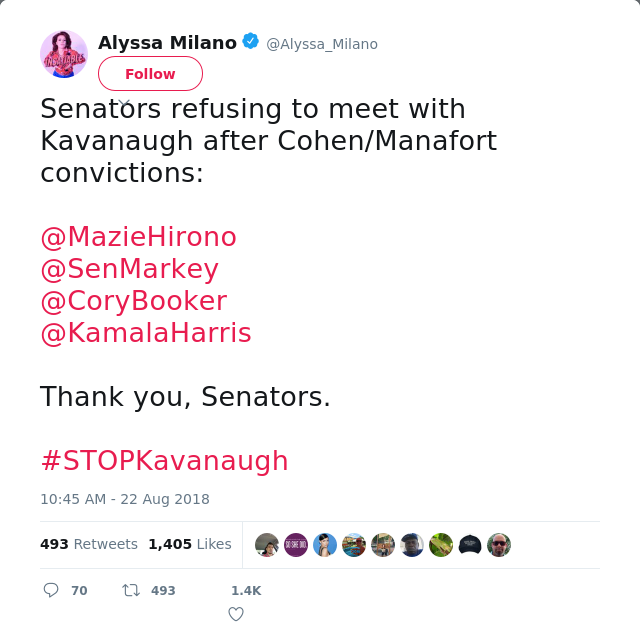 Senators refusing to meet with Kavanaugh after Cohen/Manafort convictions:

@MazieHirono
@SenMarkey
@CoryBooker…