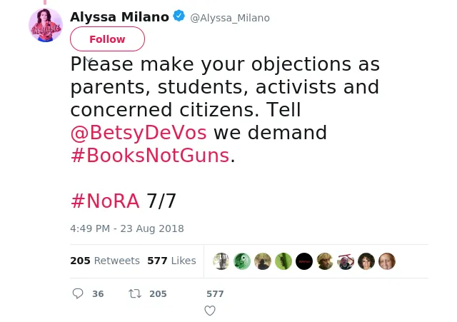 Please make your objections as parents, students, activists and concerned citizens. Tell @BetsyDeVos we demand #BooksNotGuns. 

#NoRA 7/7
