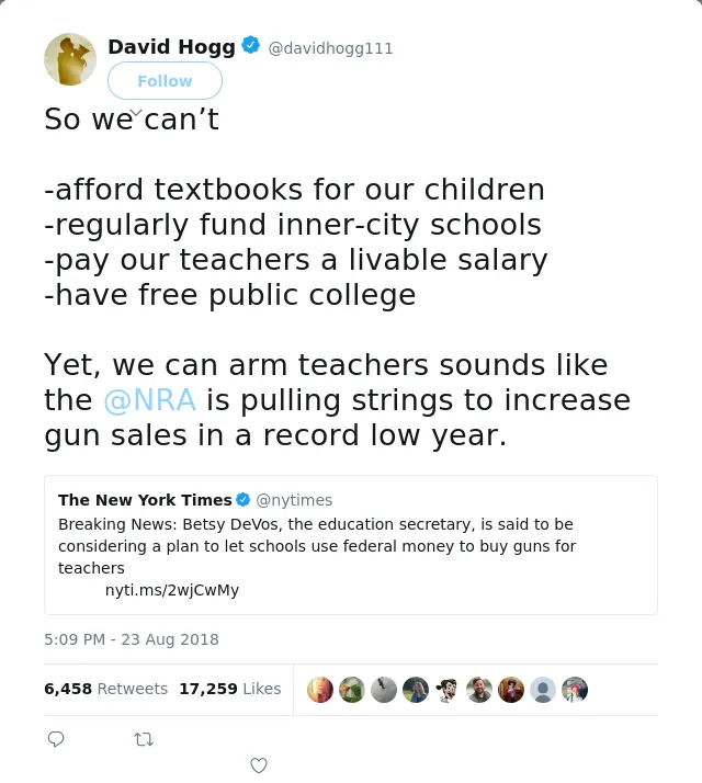 RT @davidhogg111: So we can’t 

-afford textbooks for our children 
-regularly fund inner-city schools 
-pay our teachers a livable salary…