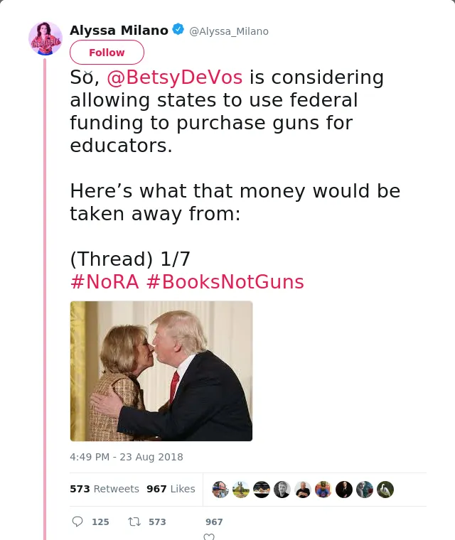 RT @Alyssa_Milano: So, @BetsyDeVos is considering allowing states to use federal funding to purchase guns for educators. 

Here’s what that…