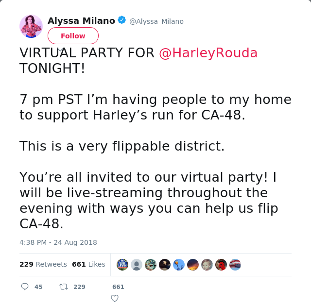 VIRTUAL PARTY FOR @HarleyRouda TONIGHT!

7 pm PST I’m having people to my home to support Harley’s run for CA-48.…