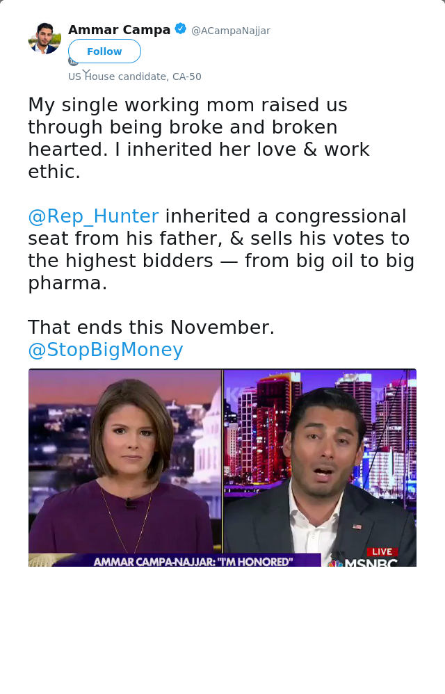 RT @ACampaNajjar: My single working mom raised us through being broke and broken hearted. I inherited her love &amp; work ethic. 

@Rep_Hunter…