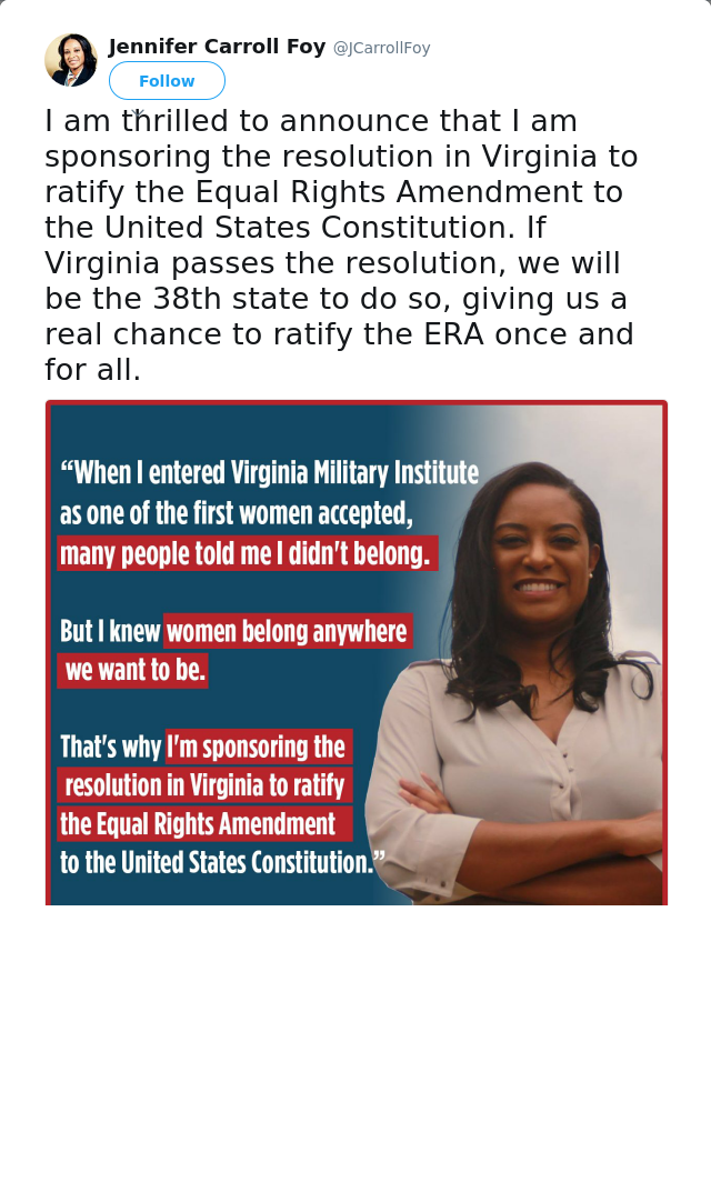 RT @JCarrollFoy: I am thrilled to announce that I am sponsoring the resolution in Virginia to ratify the Equal Rights Amendment to the Unit…