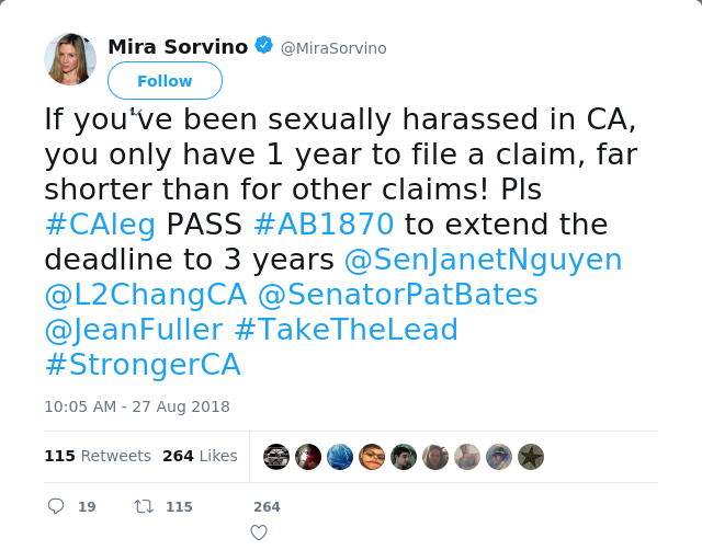 RT @MiraSorvino: If you've been sexually harassed in CA, you only have 1 year to file a claim, far shorter than for other claims! Pls #CAle…
