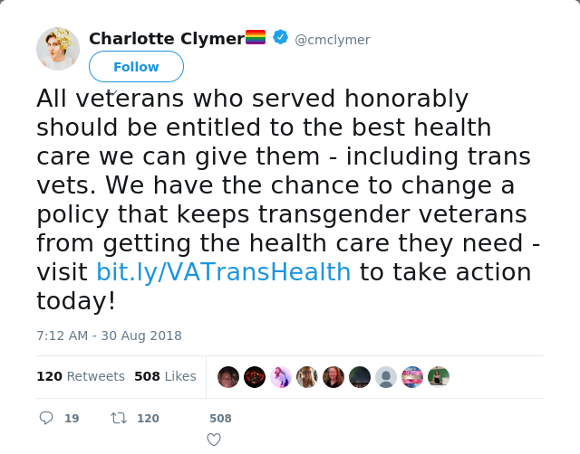 RT @cmclymer: All veterans who served honorably should be entitled to the best health care we can give them - including trans vets. We have…