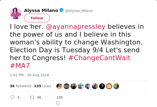 I love her. @ayannapressley believes in the power of us and I believe in this woman's ability to change Washington.…