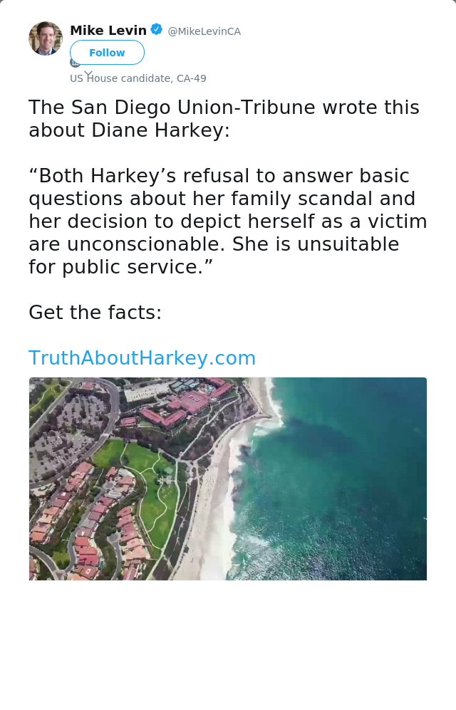 RT @MikeLevinCA: The San Diego Union-Tribune wrote this about Diane Harkey:

“Both Harkey’s refusal to answer basic questions about her fam…
