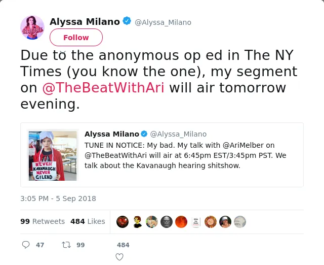 Due to the anonymous op ed in The NY Times (you know the one), my segment on @TheBeatWithAri will air tomorrow even…