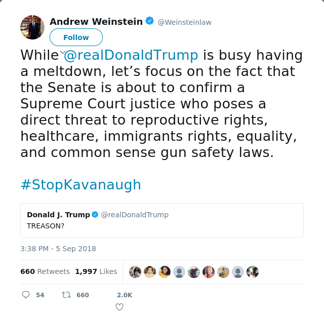 RT @Weinsteinlaw: While @realDonaldTrump is busy having a meltdown, let’s focus on the fact that the Senate is about to confirm a Supreme C…