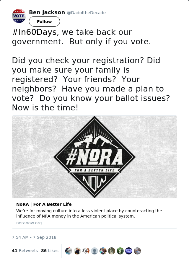 RT @DadoftheDecade: #In60Days, we take back our government.  But only if you vote.

Did you check your registration? Did you make sure your…