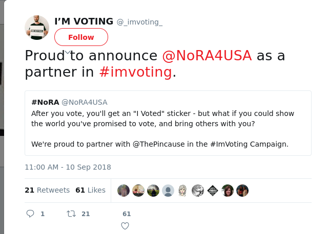 RT @_imvoting_: Proud to announce @NoRA4USA as a partner in #imvoting.