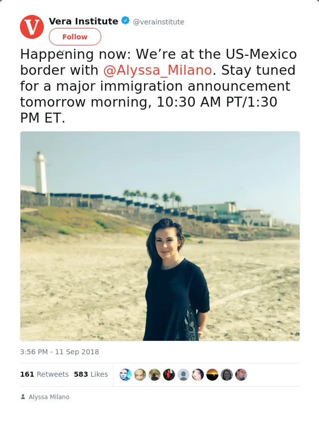 RT @verainstitute: Happening now: We’re at the US-Mexico border with @Alyssa_Milano. Stay tuned for a major immigration announcement tomorr…