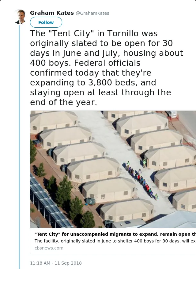 RT @GrahamKates: The "Tent City" in Tornillo was originally slated to be open for 30 days in June and July, housing about 400 boys. Federal…