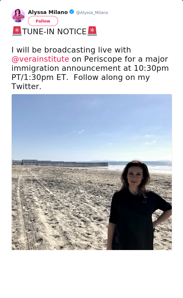 🚨TUNE-IN NOTICE🚨

I will be broadcasting live with @verainstitute on Periscope for a major immigration announcement…