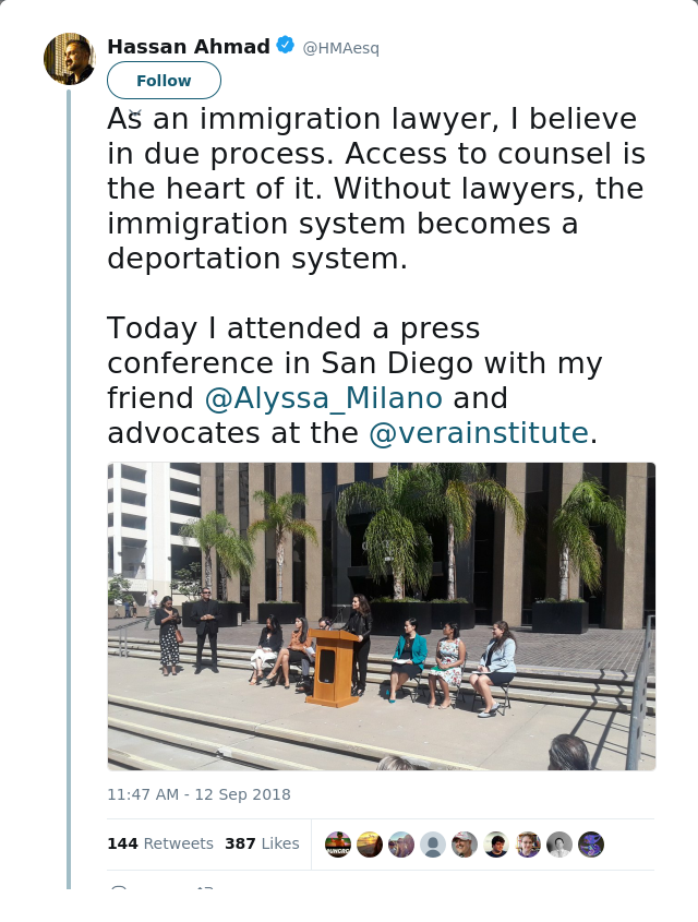 RT @HMAesq: As an immigration lawyer, I believe in due process. Access to counsel is the heart of it. Without lawyers, the immigration syst…