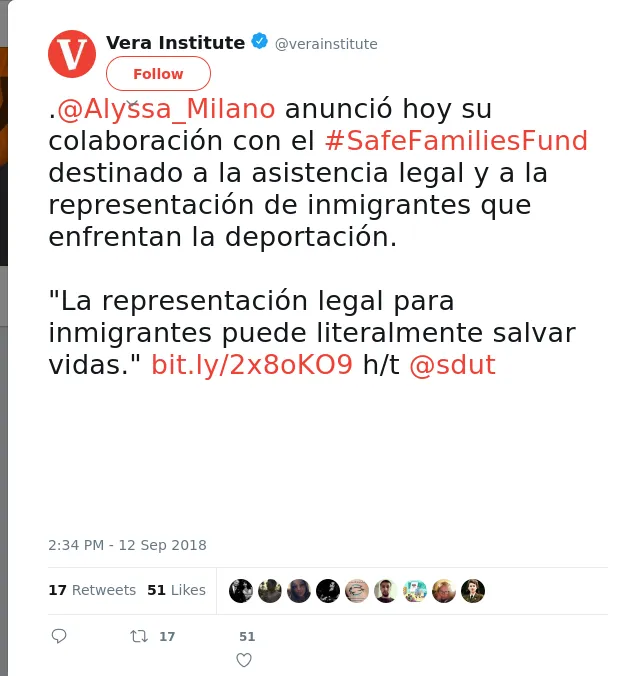 RT @verainstitute: .@Alyssa_Milano anunció hoy su colaboración con el #SafeFamiliesFund destinado a la asistencia legal y a la representaci…