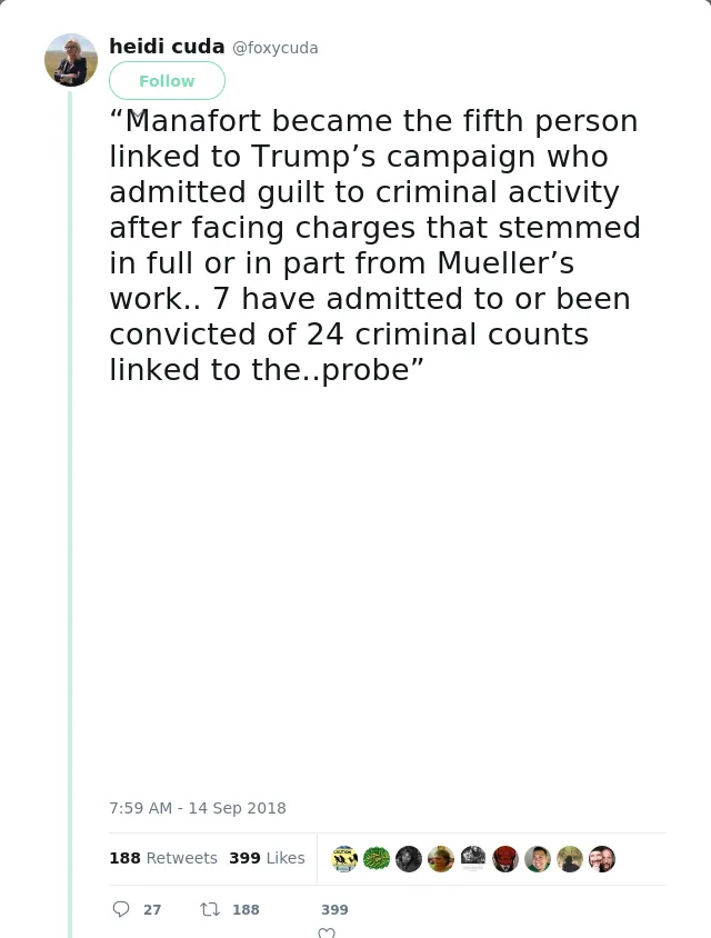 RT @foxycuda: “Manafort became the fifth person linked to Trump’s campaign who admitted guilt to criminal activity after facing charges tha…