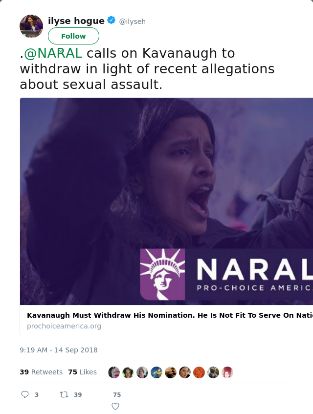 RT @ilyseh: .@NARAL calls on Kavanaugh to withdraw in light of recent allegations about sexual assault.