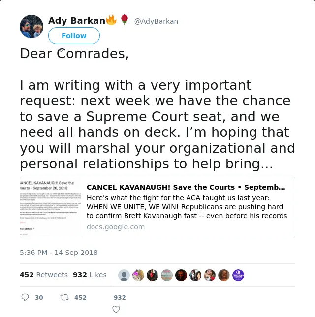 RT @AdyBarkan: Dear Comrades,

I am writing with a very important request: next week we have the chance to save a Supreme Court seat, and w…