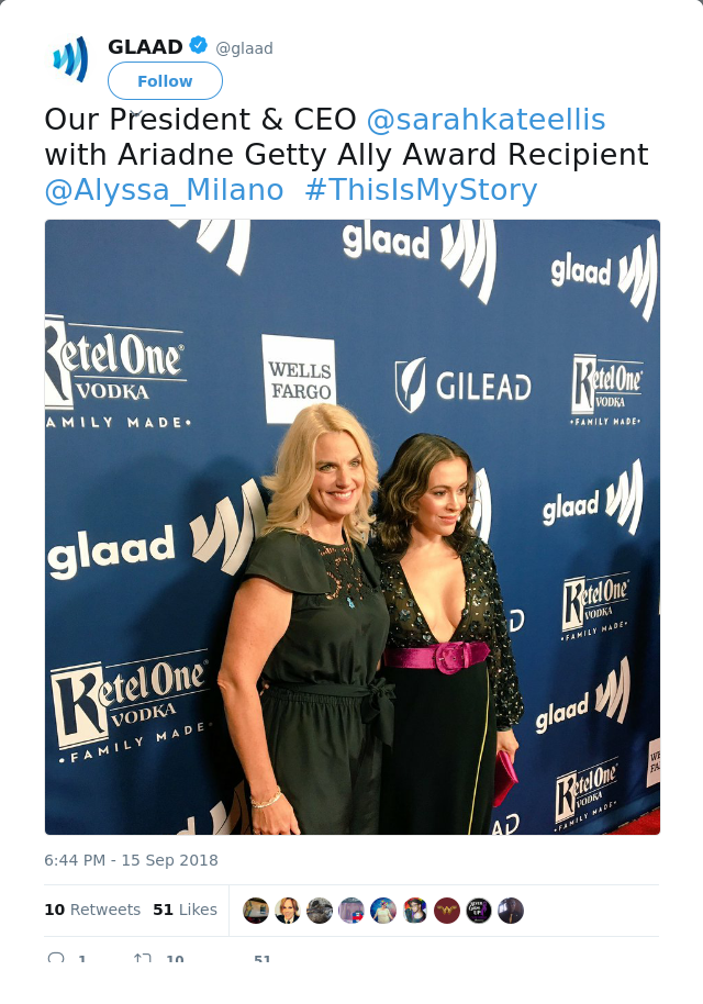RT @glaad: Our President &amp; CEO @sarahkateellis  with Ariadne Getty Ally Award Recipient @Alyssa_Milano  #ThisIsMyStory
